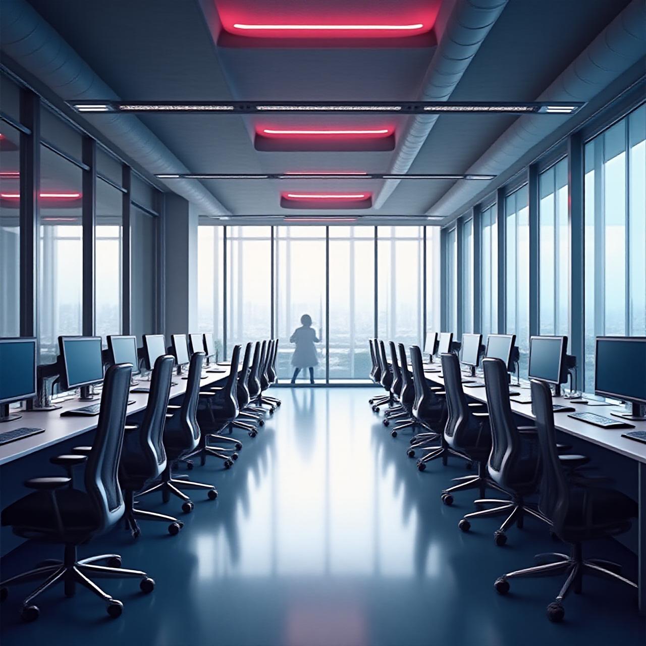 Modern expansive corporate office with ergonomic metal chairs